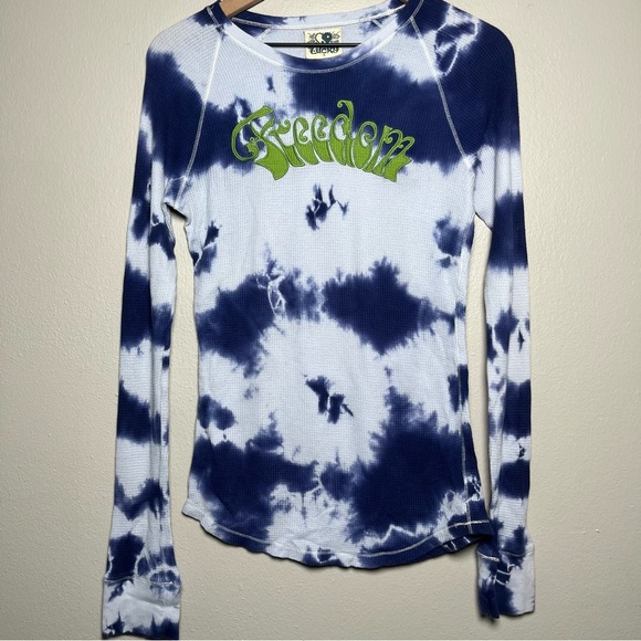 VTG‎ Y2K Rare Lucky Brand Women Waffle Knit Top Large Blue Tye Dye Freedom Cyber - Picture 1 of 8